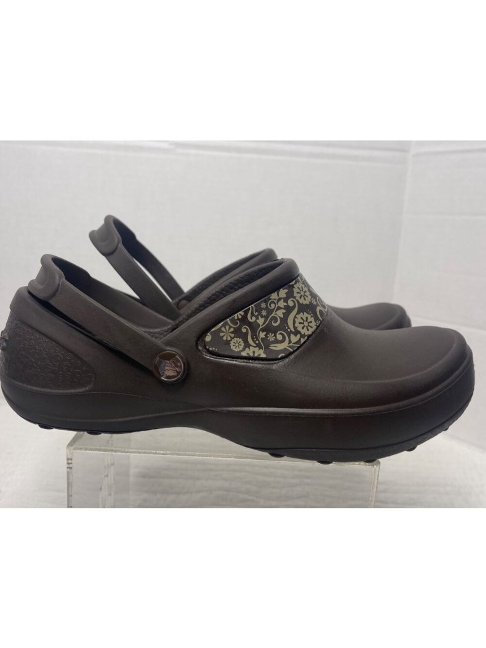 Crocs Mercy Work Brown Floral Pattern Slip-On Clogs Women SZ 10 Comfortable - Picture 2 of 8